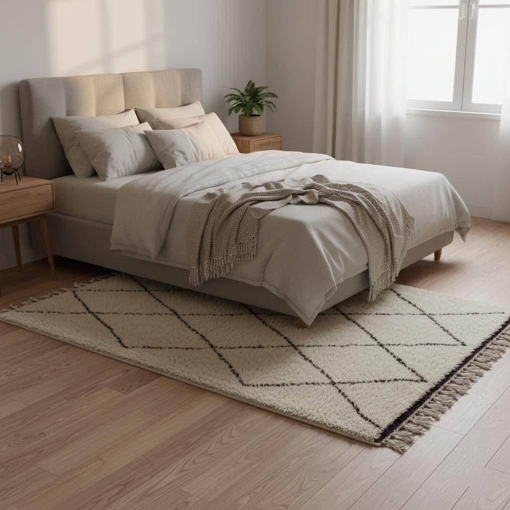 Oversized Beni Ourain wool rug with ivory base and black diamond pattern, hand-knotted Moroccan design with fringe detail.