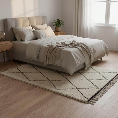 Oversized Beni Ourain wool rug with ivory base and black diamond pattern, hand-knotted Moroccan design with fringe detail.