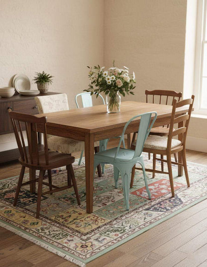 Pastel floral patchwork rug with botanical motifs and fringed edges in soft greens, blues, and terracotta tones