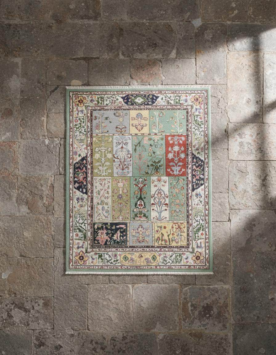 Pastel floral patchwork area rug with vintage botanical tiles and fringed edges in soft mint, sage, sky blue, ivory, and terracotta tones