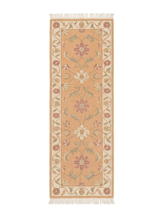 Peach Oushak Runner Rug in peach wool with ivory floral vines, sage leaves, a scrolling border and fringe