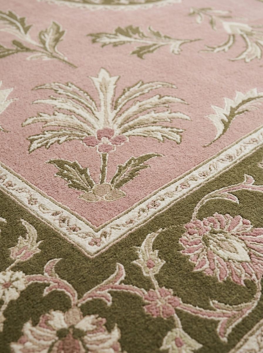 Pink Aubusson Rug with a blush pink field, ivory floral motifs and an olive green border in a wool pile