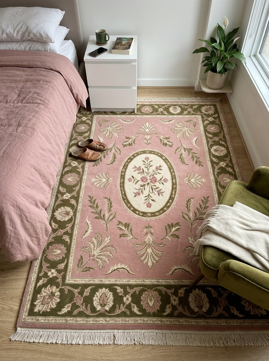 Pink Aubusson Rug in blush pink with an ivory floral medallion, olive green floral border and fringed edge