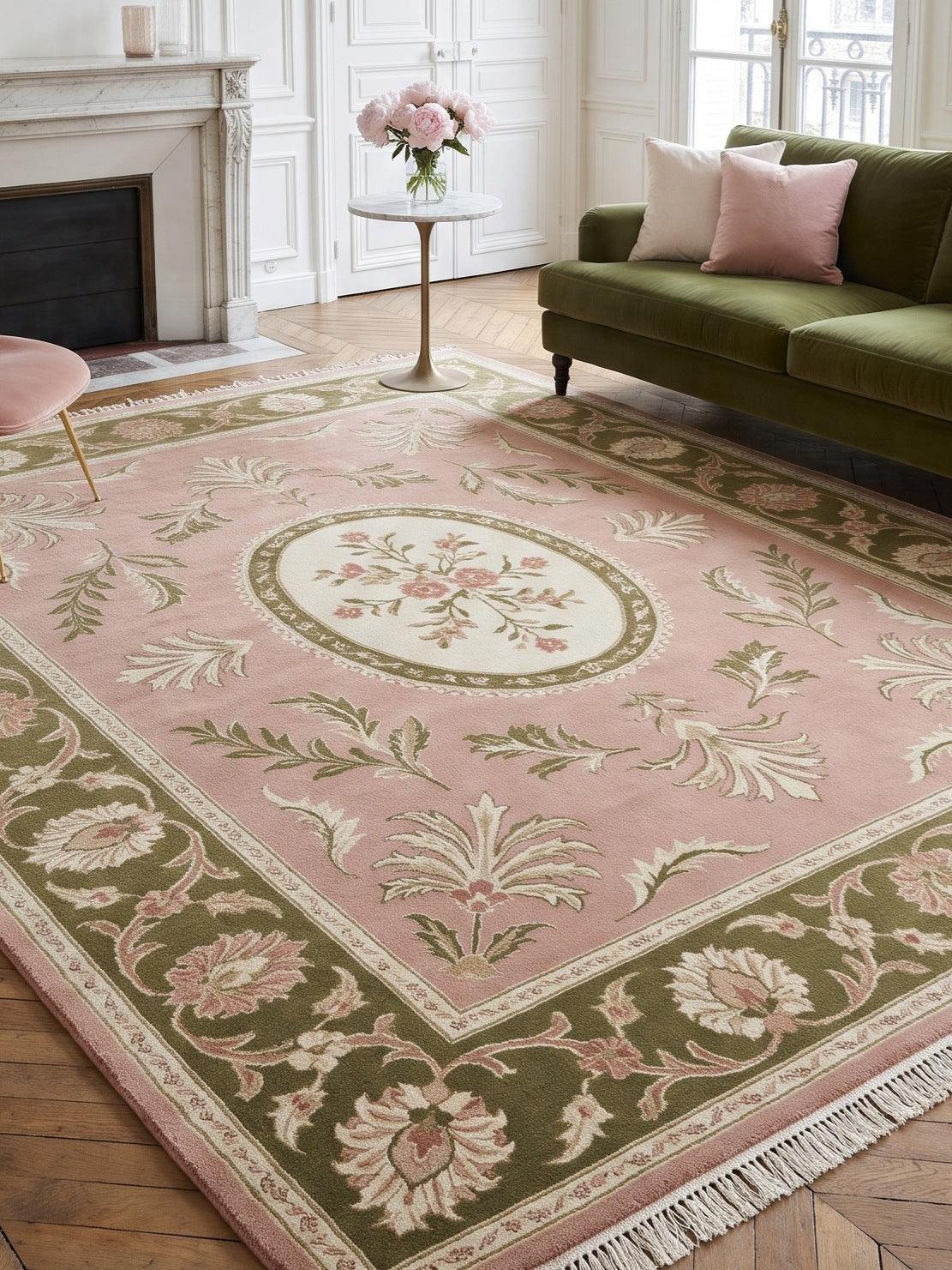 Pink Aubusson Rug in blush pink wool with an ivory floral medallion, acanthus leaves and olive green floral border