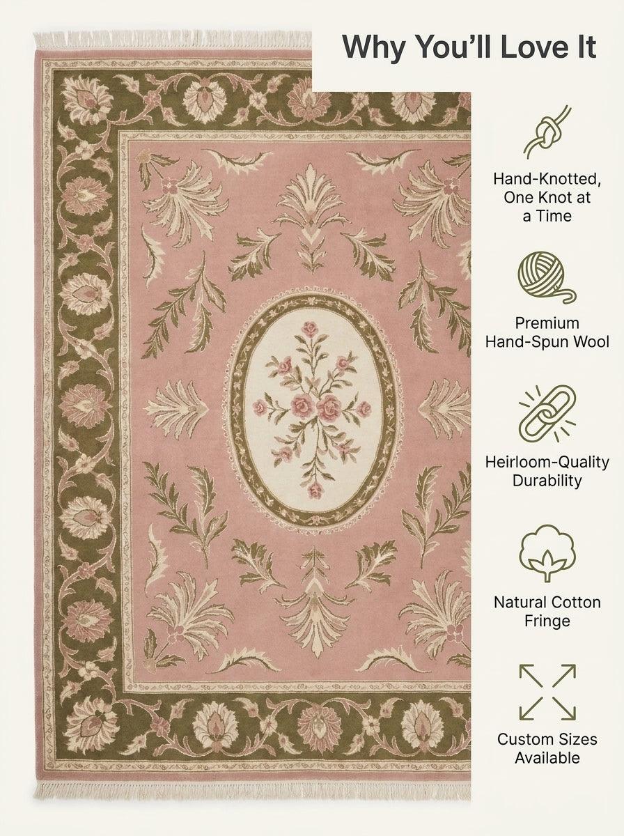 Pink Aubusson Rug in blush pink wool with an ivory floral medallion, olive green floral border and cotton fringe