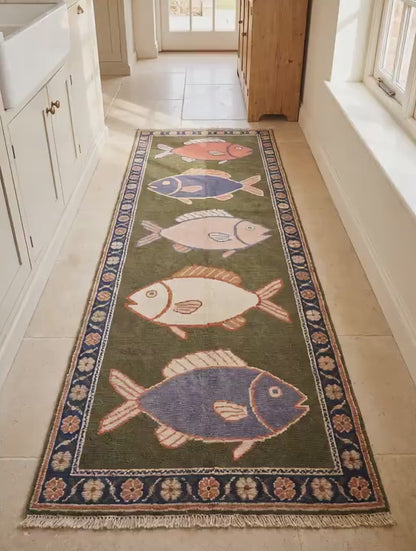 Hand Knotted Fish Runner Rug, Coastal Hallway Carpet, Wool Nautical Area Rug, Beach House Decor