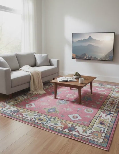 Red Abstract Floral Knotted Area Rug: Boho Turkish Style