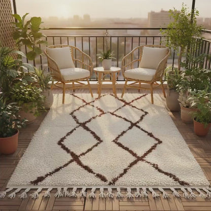 Handmade Moroccan Shag Rug – Ivory & Brown Diamond, Boho Accent