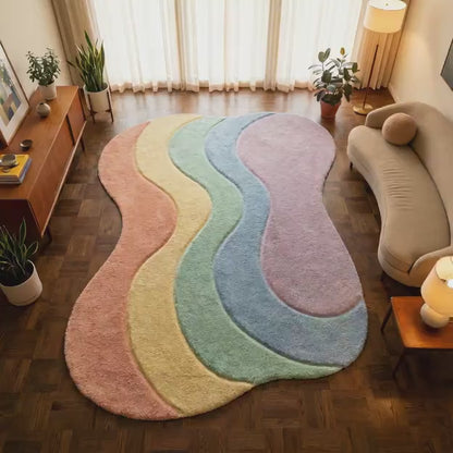 Pastel Wavy Rug - Plush Shag Fibers Boho Style Carpet With Pastel Rainbow Palette