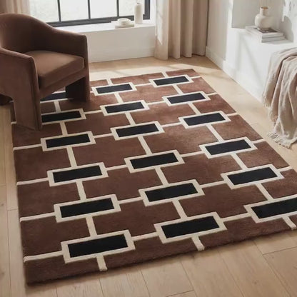 Modern Geometric Hand Tufted Rug, Mid Century Brown Retro Brick Pattern Area Carpet
