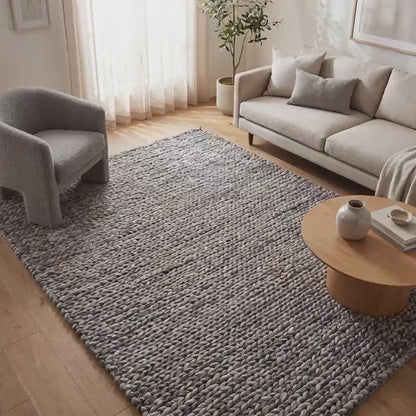 Chunky Knit Wool Rug, Handwoven Gray Area Rug, Modern Living Room Carpet, Scandinavian Home Decor Rug