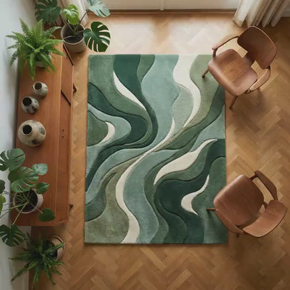 Modern Green Area Rug - Abstract Sculpted Wave Carpet | Plush Soft Tufted Pile Rug