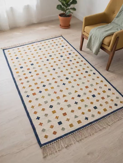 Ivory Wool Flatweave Kilim Rug Navy Border Geometric Scatter Motif Living Room