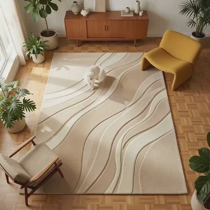 Modern Neutral Area Rug – Textured Wave Rug | Beige Living Room Floor Covering