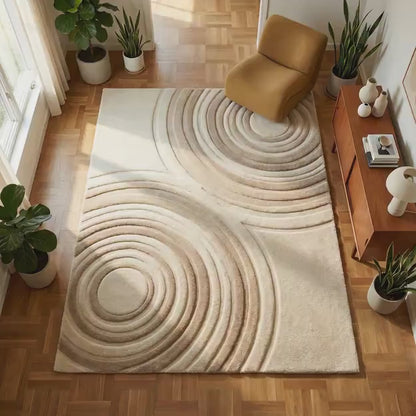 Neutral Area Rug - Modern Beige Sculpted Circle Rug | Soft Plush Durable Carpet