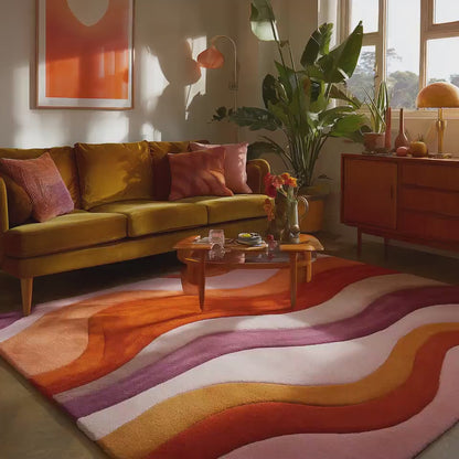 Retro Wellen Teppich | Mid-Century Modern Teppich, Grooviger Bunter Teppich, Weiche Getuftete Textur
