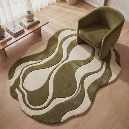 Hand Tufted Abstract Rug, Organic Shape Carpet for Living Room, Green Cream Modern Area Rug
