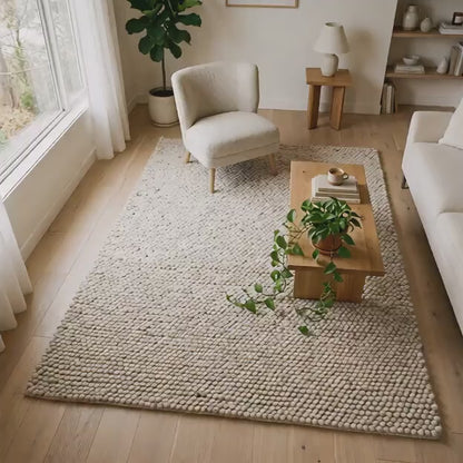 Handwoven Chunky Wool Pebble Rug, Neutral Beige Scandinavian Modern Living Room Decor