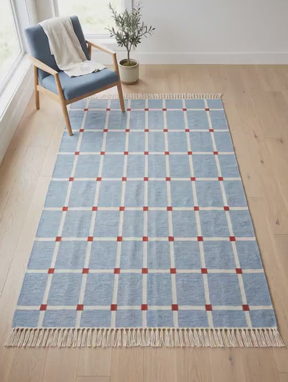 Flatweave Blue Grid Rug, Handwoven Windowpane Wool Carpet, Modern Farmhouse Living Room