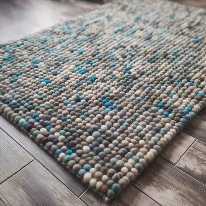 Handcrafted Felt Ball Rug – Teal, Beige & Grey Wool Carpet