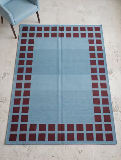 Sky Blue Dhurrie Rug Handwoven Flatweave Wool Maroon Square Border Living Room