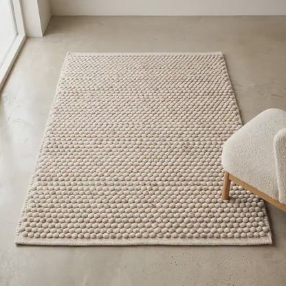 Pebble Weave Wool Area Rug Handwoven Ivory Beige Textured Living Room Decor