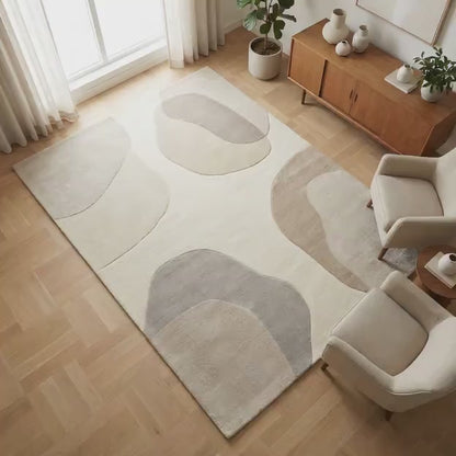 Abstract Neutral Area Rug – Modern Living Room Floor Covering With Organic Shape Carpet