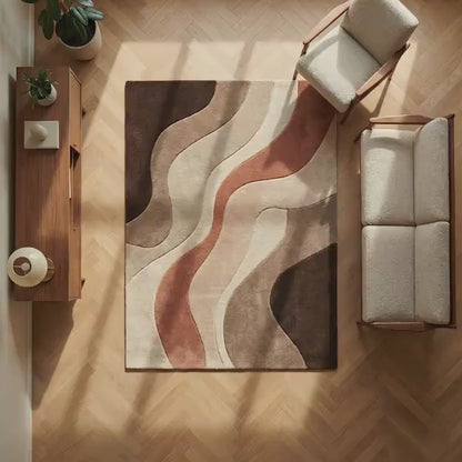 Abstract Neutral Area Rug – Modern Earth Tone Rug | Plush Cozy Texture Carpet