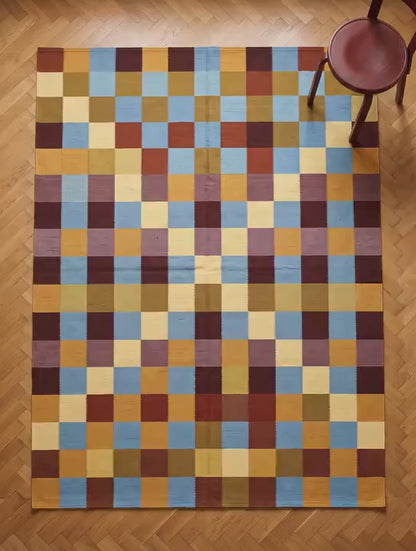 Checkerboard Cotton Dhurrie Rug, Mustard Blue Burgundy Handwoven Flatweave Living Room