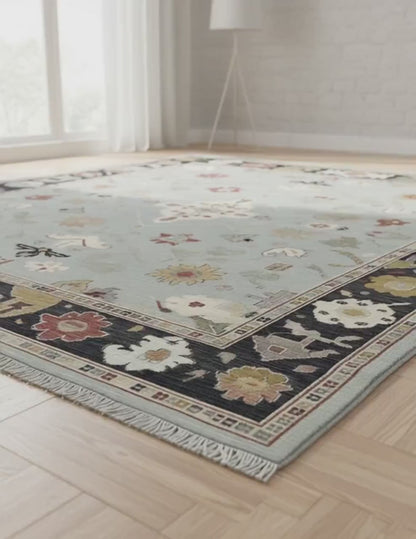 Light Blue Oushak Rug: Hand-Tufted Wool Floral Medallion Carpet