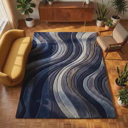 Mid Century Modern Rug – Blue Wave Sculpted Pattern | Plush Textured Area Carpet