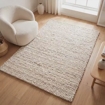 Handmade Felt Ball Wool Rug, Neutral Ivory Area Rug, Chunky Wool Carpet, Scandinavian Home Decor