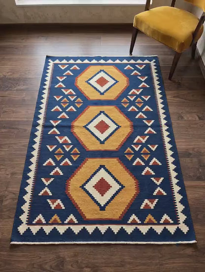 Blue Kilim Rug Handwoven Wool Flatweave Geometric Tribal Medallion Living Room Decor