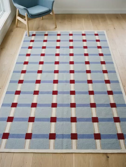 Pale Blue Flatweave Wool Rug, Red Grid Check Pattern, Handwoven Modern Living Room Dhurrie