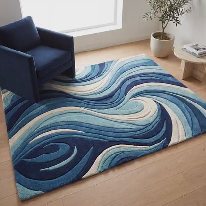 Modern Abstract Tufted Rug Blue Wave Carpet, Handmade Wool Area Rug for Living Room Decor, Artistic Floor Rug