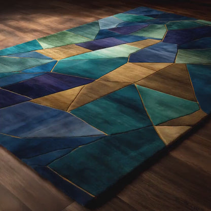Geometric Abstract Rug – Blue Teal Gold Modern Area Rug – Contemporary Stained Glass Carpet Teppich