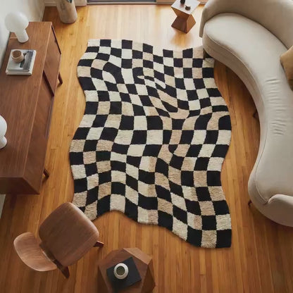 Wavy Checkered Rug – Modern Accent Rug With Optical Illusion Carpet, Black Beige