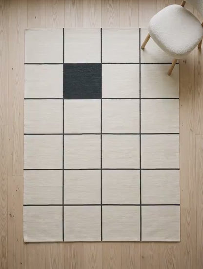 Ivory and Charcoal Grid Flatweave Wool Rug for Modern Minimalist Living Room