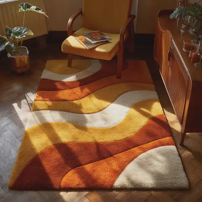 Retro Sculpted Shag Rug – 70s Wave Area Rug | Mid Century Modern Carpet in Mustard Orange