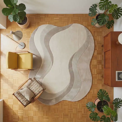 Wavy Area Rug – Neutral Sculpted Carpet With Curved Abstract Design & Plush Soft Texture