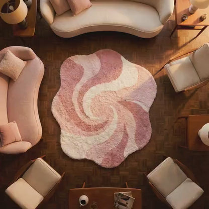 Pink Abstract Rug - Irregular Shaped Modern Boho Floor Carpet with Wavy Swirl Pattern