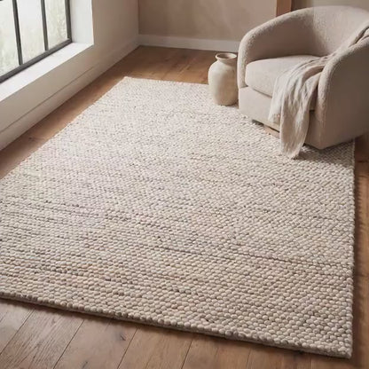 Chunky Wool Rug Handmade Felt Ball Area Rug, Neutral Beige Cream Rug, Modern Farmhouse Living Room Decor