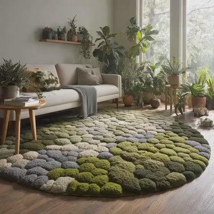 3D Moss Stone Rug: Green and Grey Textured Circle Rug Teppich