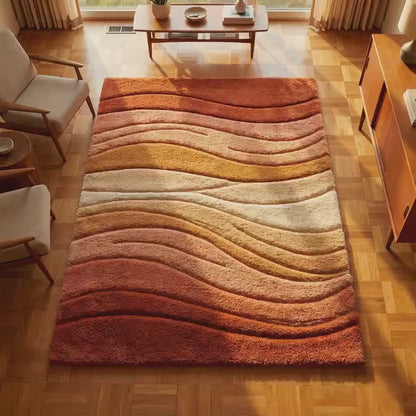 Mid Century Modern Rug – Retro Boho Area Rug | Sculpted Wave Design, Earth Tone Carpet