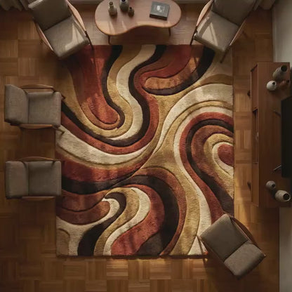 Tapis shaggy du milieu du siècle – Tapis rétro avec motif abstrait tourbillonnant et tons terreux