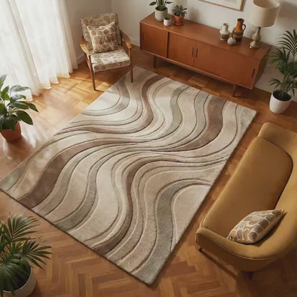 Modern Sculpted Wave Rug - Hand Tufted Rug | Neutral Earth Tone Rug, Plush Living Room Carpet