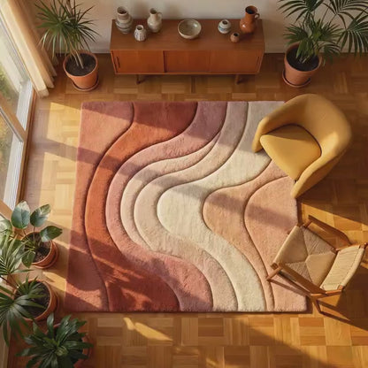 Boho Area Rug - Modern Abstract Wave Rug Design | Earth Tone Plush Carpet