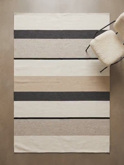 Ivory Black Striped Flatweave Wool Area Rug, Scandinavian Modern Handwoven Dhurrie for Bedroom