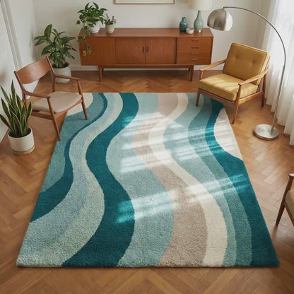 Mid Century Modern Rug – Plush Abstract Area Rug With Teal Wavy Pattern Carpet