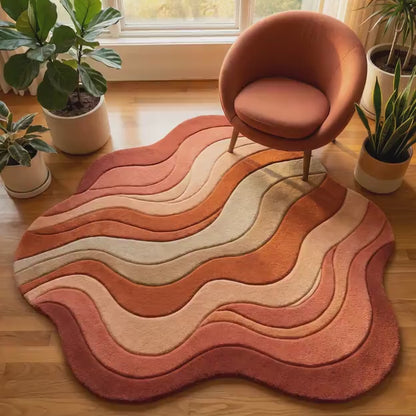 Wavy Retro Area Rug – Plush Tufted Texture Rug | Sculpted Accent Carpet in Warm Earth Tones